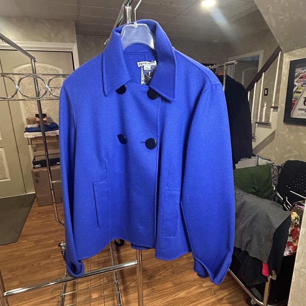 Pendleton Pea Coat Womens XL Blue Wool Short Double Breasted Collared Pockets‎